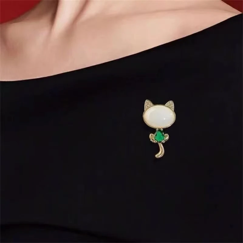 Cute Opal Cat Brooches For Women Girls Green Crystal Animal Brooch Pins Fashion Beautiful Party Daily Jewelry Accessories Gifts