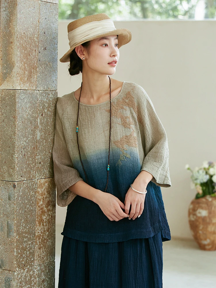 

Qingyue New Chinese Embroidered Linen adient Blue Dyeing Boat Collar Top Women's Faionable Traditional Sle Summer irt