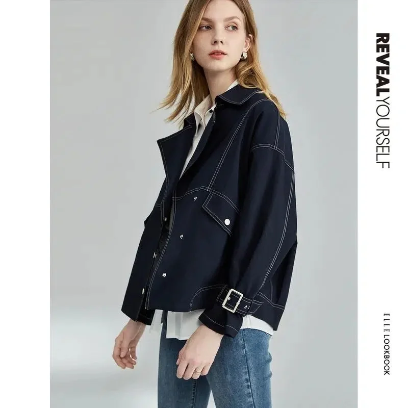 2023 Spring Autumn Jacket Fashion Trench Coat Female Design Sense Temperament Fashion Loose Casual Coat Navy Top Short Outwear