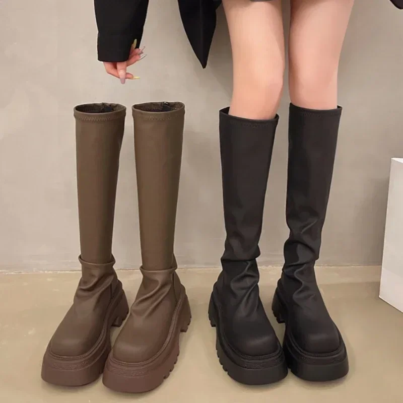 New Platform Women Knee High Boots Fashion Back Zippers Knight Long Booties Autumn Winter Female Thick Heel Shoes