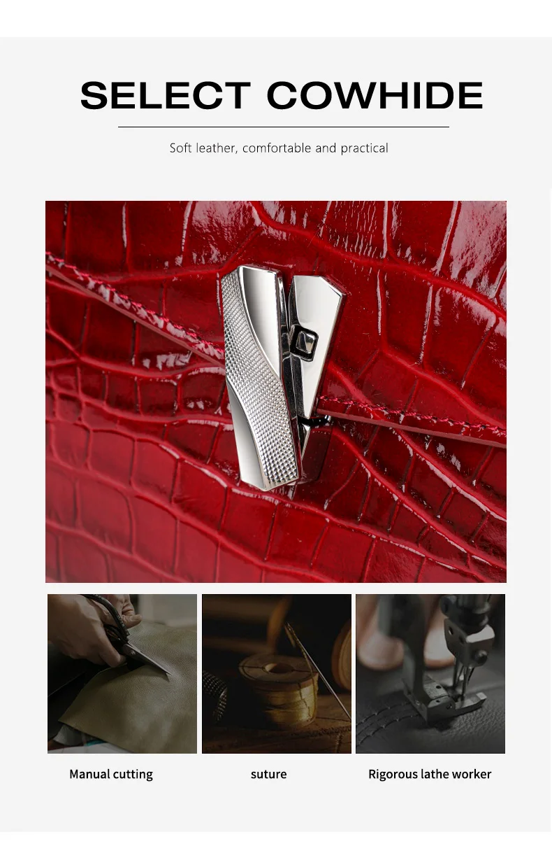 Damen-Handtasche aus Krokodilleder-Imitat, Glänzend Rote Henkeltasche mit Metallverschluss, Damen-Umhängetasche für Arbeit & Alltag – Detail 6