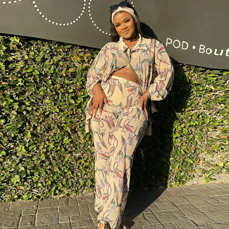 

New women's clothing new long-sleeved printed shirt cardigan trousers two-piece set