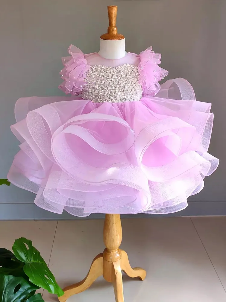 2024 Luxury Girls Pink pearl Children Fluffy Short sleeve Princess Dress Wedding Gown Kids Dresses baby Birthday Party Dress