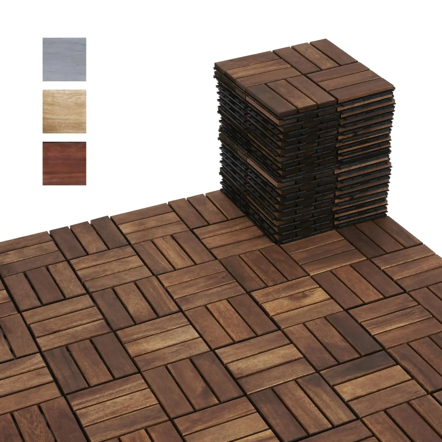 Interlocking Acacia Wood Deck Tiles 12x12, 30PCS, Brown | Waterproof acacia wood decking for all-weather use. Premium outdoor