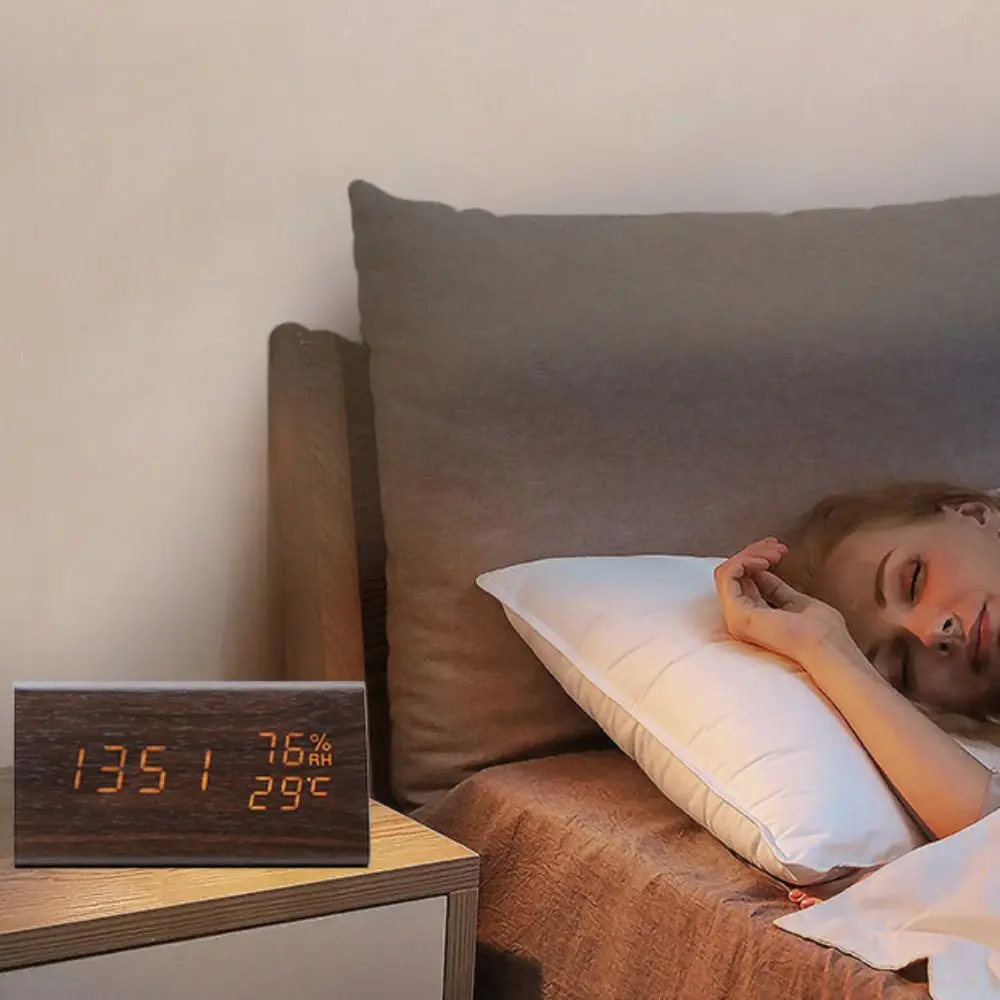 Triangular Wooden LED Alarm Clock Humidity and Temperature Display Adjustable Brightness Electronic Alarm Clock Voice-activated