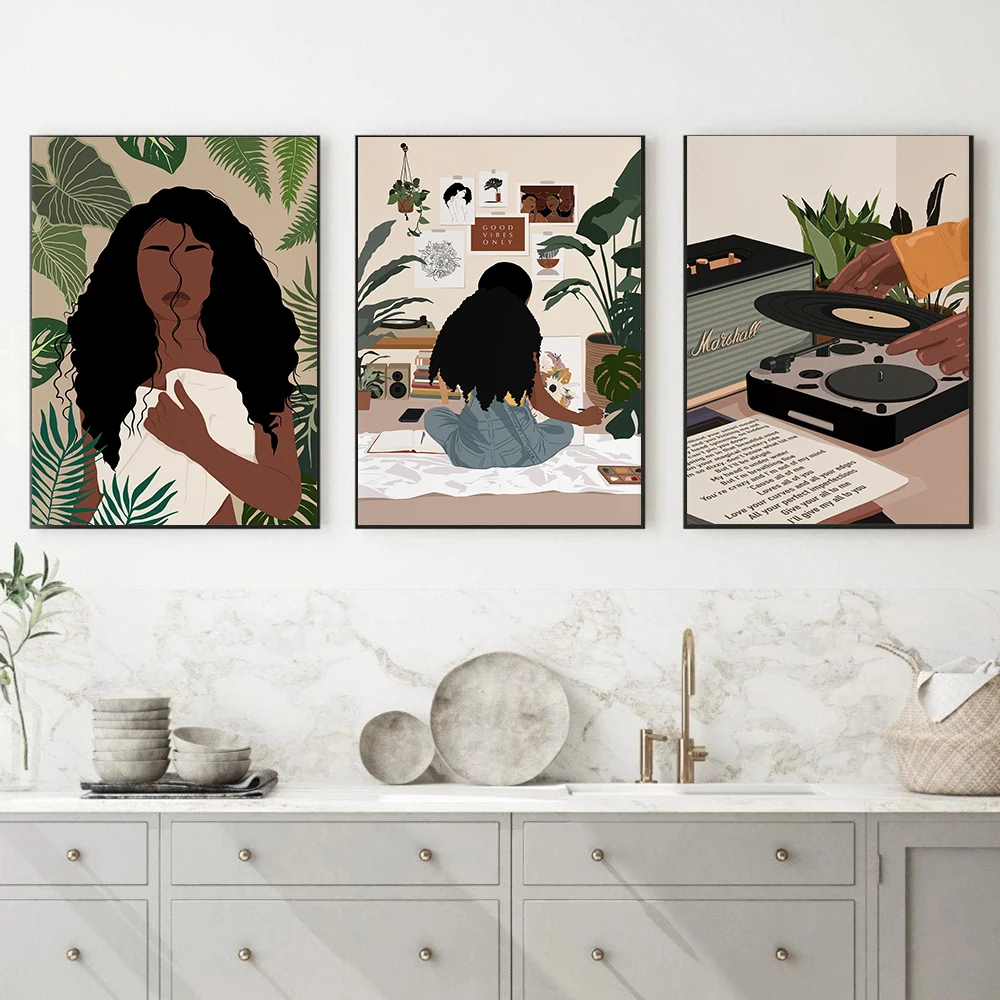 Abstract Fashion Black Woman Reading Hairdressing Bathing Poster Wall Art Pictures Canvas Painting Home Room Salon Decor