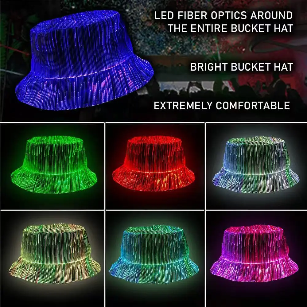 Men Women Optical Fiber Fabric Bucket Hat Fisherman Cap Colorful LED Intelligent Luminous Night Club Cap Glow Party Hat