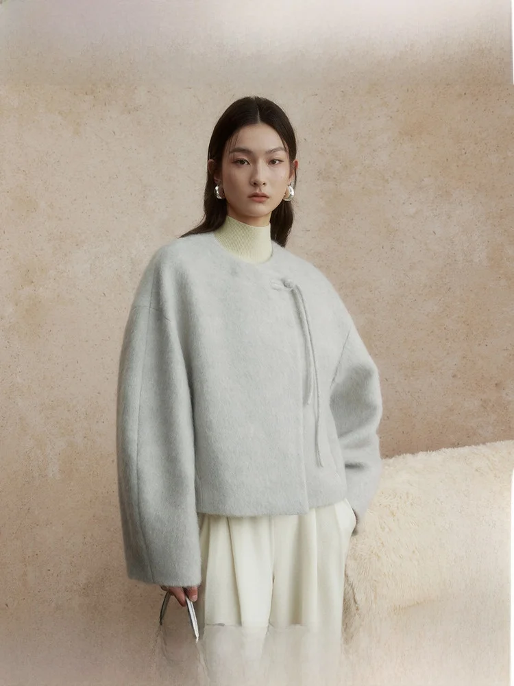 

Женское шерстяное пальто ZhiZhi в китайском стиле, зимнее, модное, для повседневной носки, простого свободного кроя, с длинными рукавами, круглым вырезом, однотонное