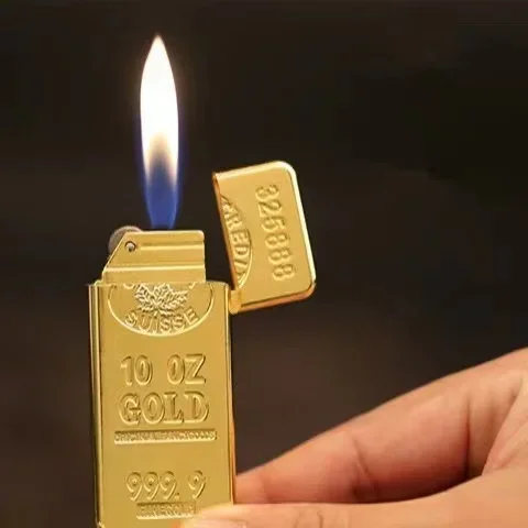 Novelty Ultra-thin Slender Gold Brick Lighter Smoking Accessories Cool Butane Inflatable Flint Grinding Wheel Open Flame Lighter