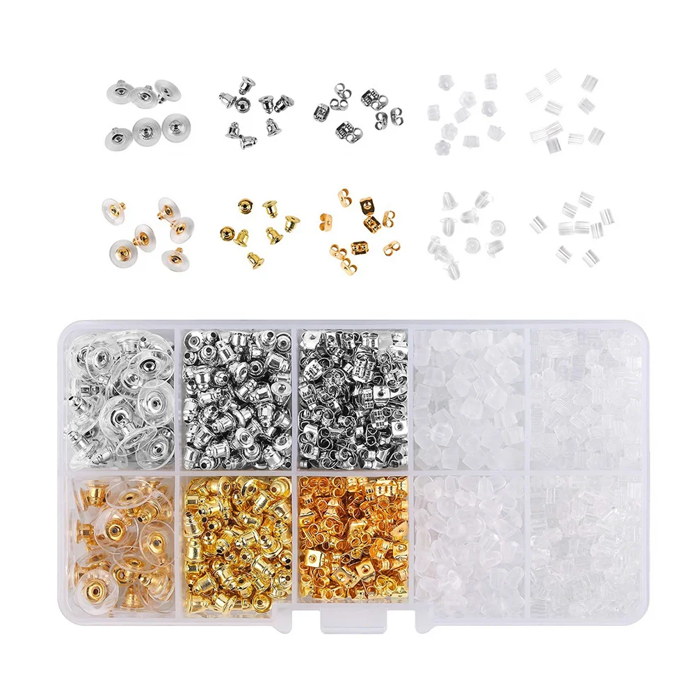 

1200pcs Earring Accessories Box 10 Styles Mixed Silicone Backs For Stud Hook Earrings Jewelry Making Gift Case Included Ear Nut