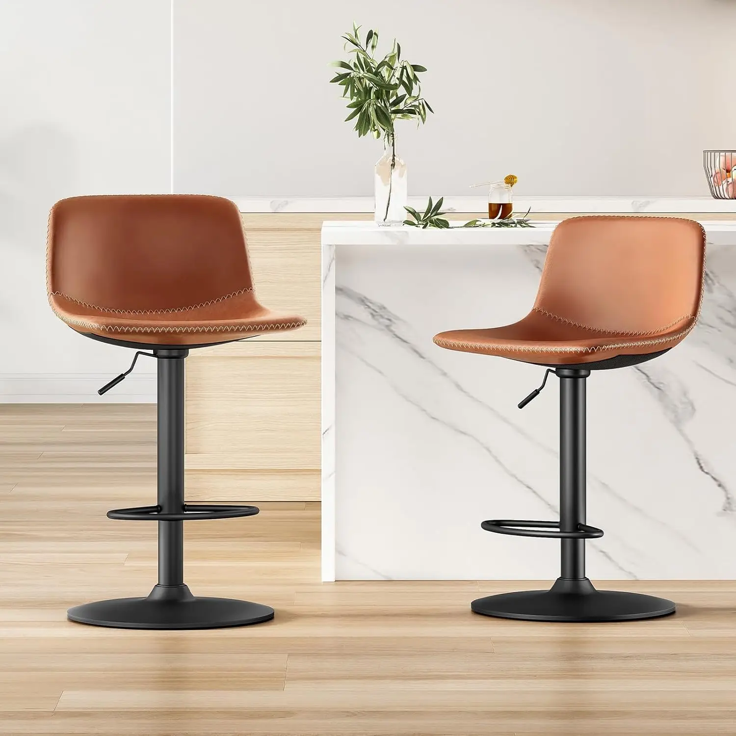 Stools Set of 2, Mid Century Modern Swivel Bar Stools, Industrial Bar Height Stools with Back Support Counter Height