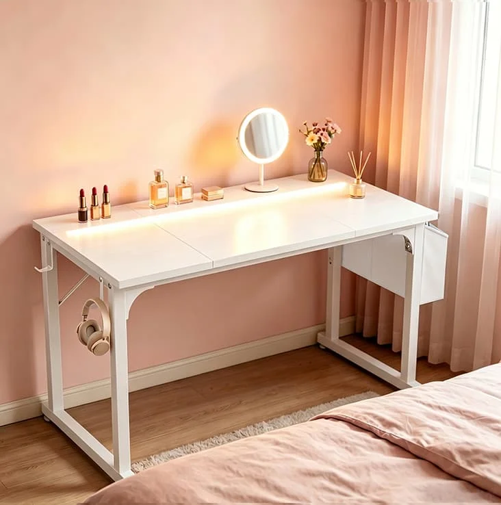EnHomee 31.5" RGB LED Vanity Desk Waterproof Writing Desk with Headphone Hook & Storage Bag, Metal Frame Home Office Table for Bedroom Dorm