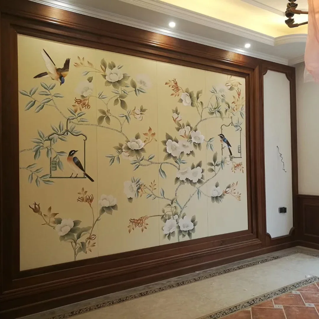 

Zhenling luxury Embroidered flowers and birds hand-painted silk wallpaper for interior house wall decoration