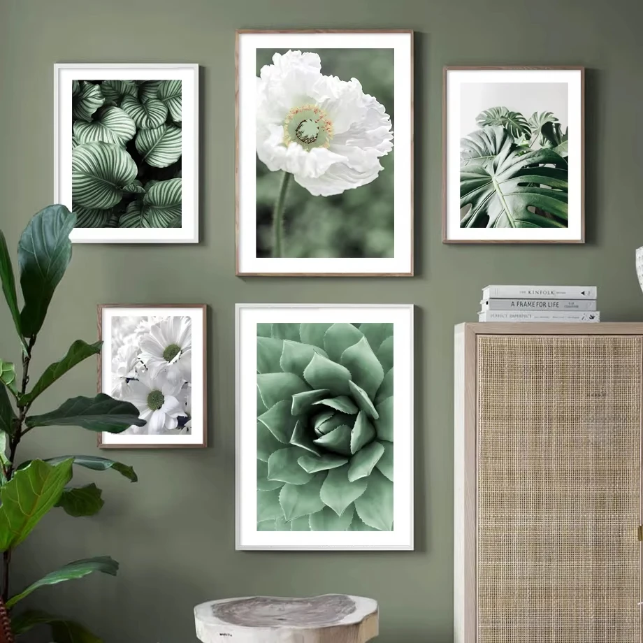 Bloom White Fresh Flower Green monstera Leaf Cactus Poster Plant Wall Art Print Canvas Painting Wall Picture Living Room Decor