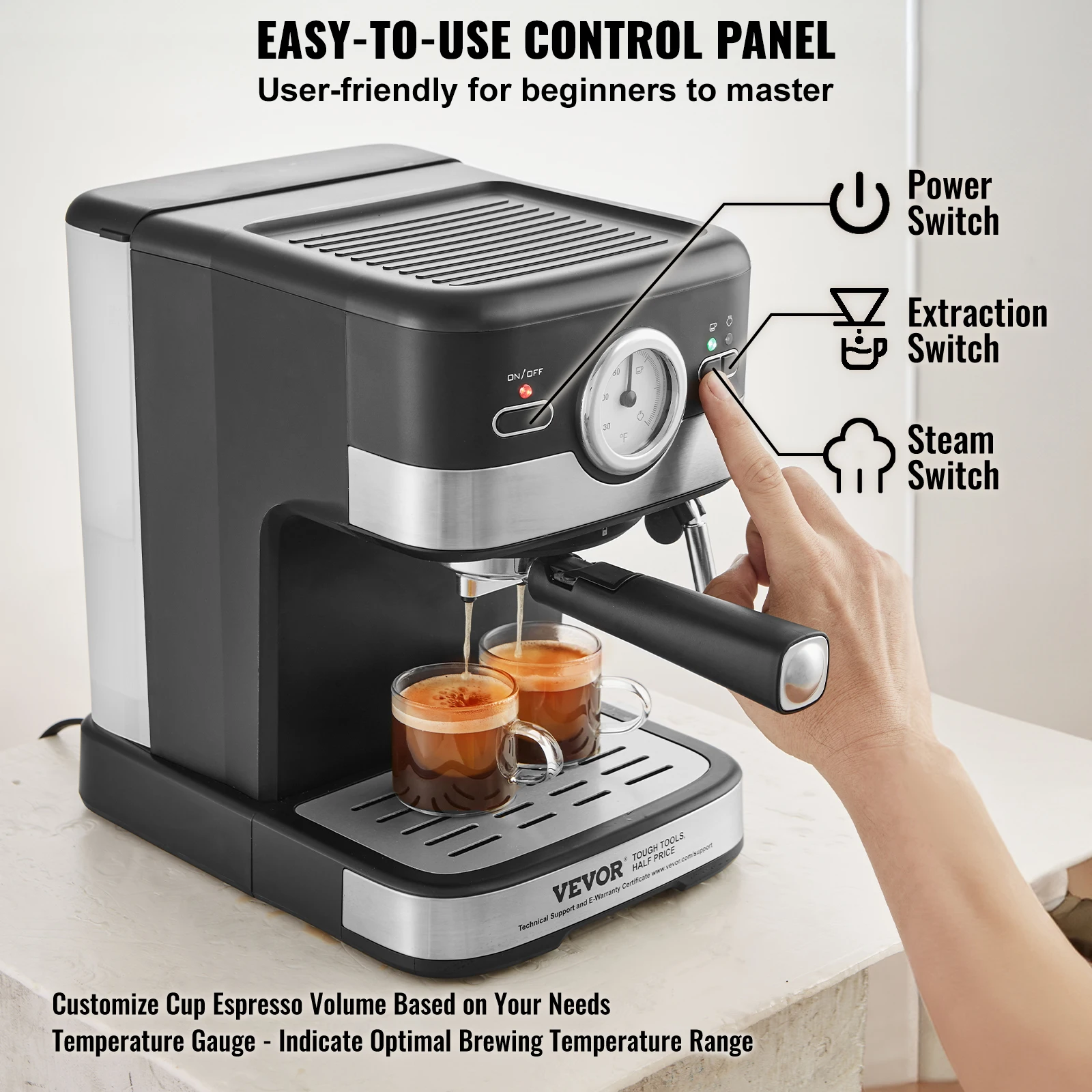 VEVOR-máquina de Espresso semiautomática con Espumador de leche, cafetera profesional con temperatura Gau, 15 Bar