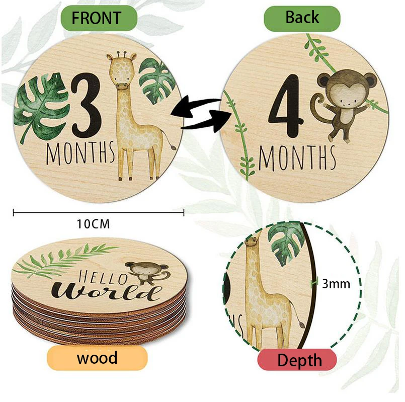 10X10CM 7pcs milestones monthly cartoon animal 2 sided cute Growth Keepsake Baby's Journey Milestone