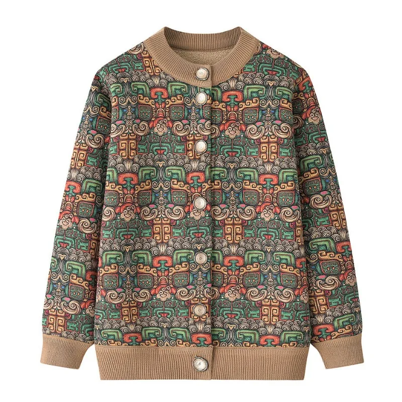 

Новая женская осенне-зимняя модная свободная универсальная повседневная куртка с длинными рукавами и круглым вырезом с принтом на пуговицах