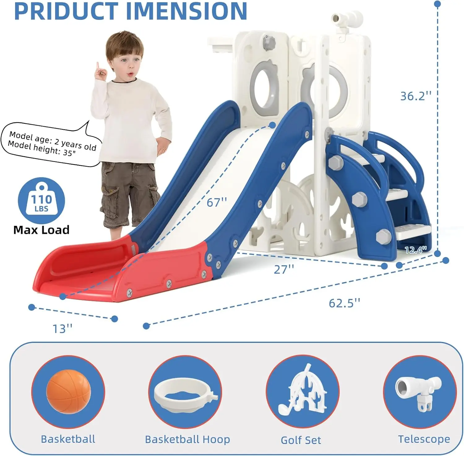 Scivolo per bambini 7 in 1, scivolo per bambini per bambini di 1-3 anni, interno ed esterno con canestro da basket e set da golf, plastica Sl