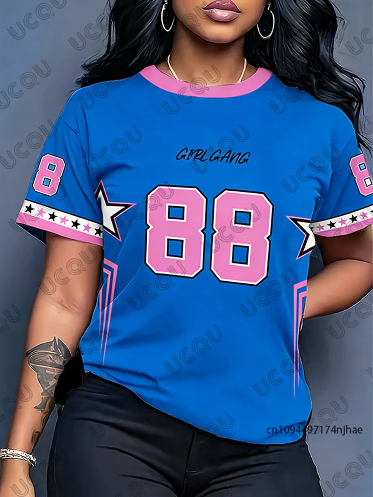 เสื้อยืดพิมพ์ลาย New Star Number 88 สำหรับผู้หญิง คอลเลคชั่นฤดูร้อน 2026 คอกลม แขนสั้น สไตล์เสื้อฟุตบอล Y2K ทรงหลวมโอเวอร์ไซส์