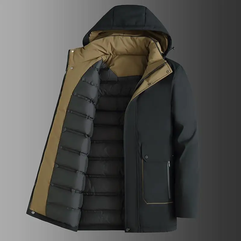 

Теплая зимняя куртка для мужчин, повседневная, деловая, утепленная, хлопковая, с капюшоном, на молнии, удлиненная...