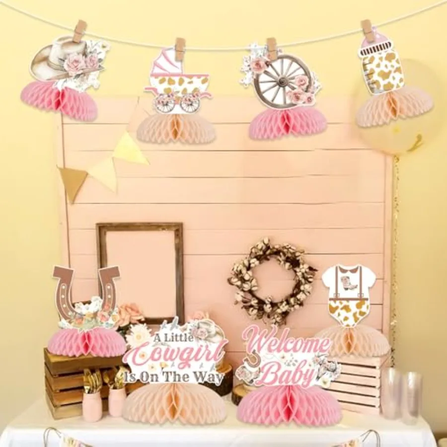 카우걸 베이비 샤워 장식 8개 세트 서부풍 '작은 카우걸이 온 길다' 허니콤 센터피스 핑크 플로럴 테이블 토퍼