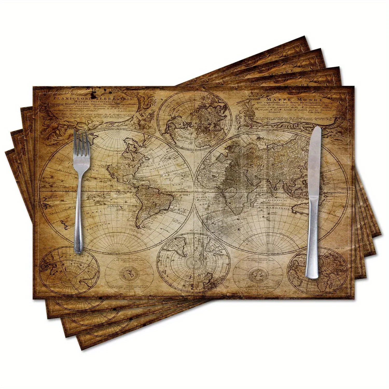 4PCS Retro Nautical Map Of The World Placemats Washable Table Mat Kitchen Home Party Decoration
