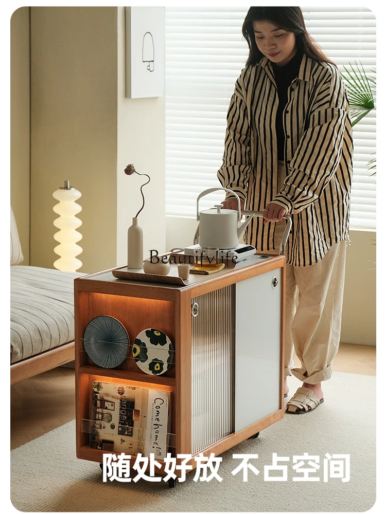 Trolley Storage Cabinet Japanese Style Cherrywood Furniture Mobile Sofa Side Cabinet