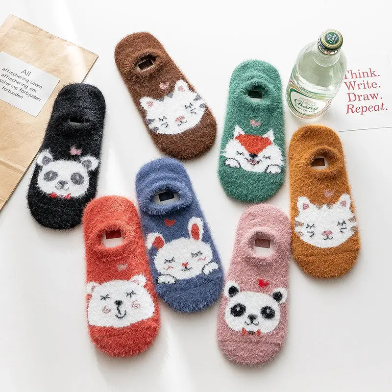 Skarpetki damskie grube niewidoczne ciepłe krótkie skarpetki wiosna jesień kapcie w stylu Harajuku kreskówka niedźwiedź kot lis królik śliczne Kawaii skarpetki do kostki