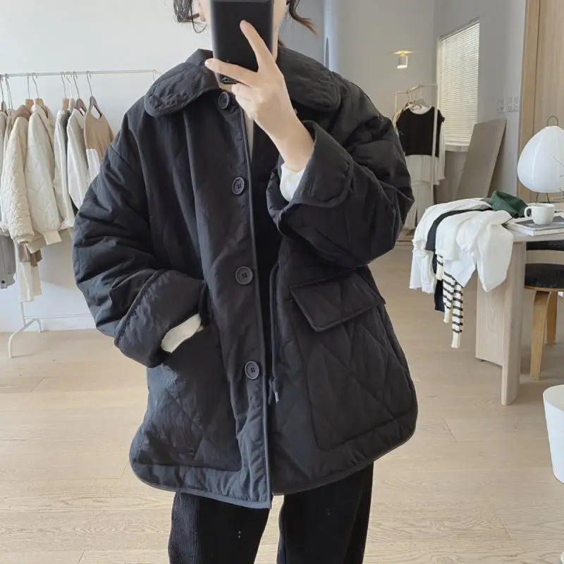 M-3XL Parkas Women Big Pockets Peter Pan Collar Button Up Clothing Warm Bodycone Vintage Korean Fashion Streetwear All-match New