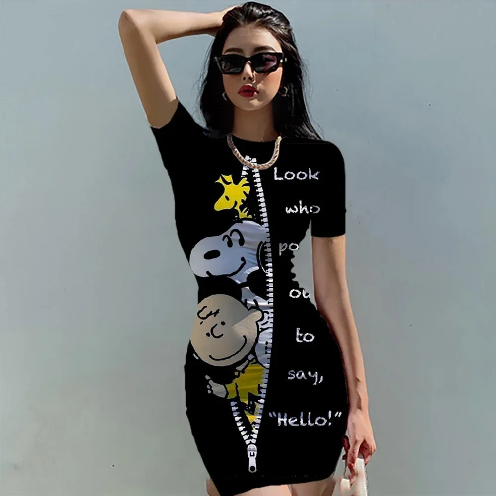 Minigonna sexy e aderente Snoopy O-collo in vita a pieghe, abito slim fit da ragazza piccante, canotta da donna aderente nera