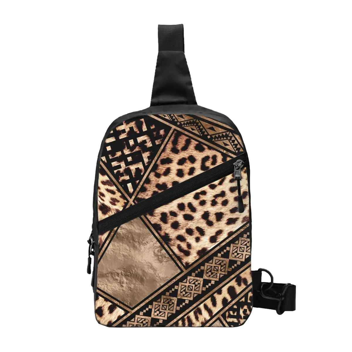 Cheetah Fur With Ethnic Ornaments Sling Chest Bag Custom Leopard Skin Crossbody Shoulder Backpack for Men Travel Hiking Daypack