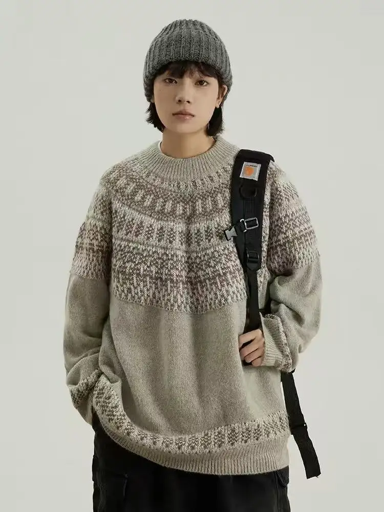 

Ретро японский Sle Fair Isle Lazy Sle свободный вязаный свитер осень-зима вышитый трикотаж на голову модный топ