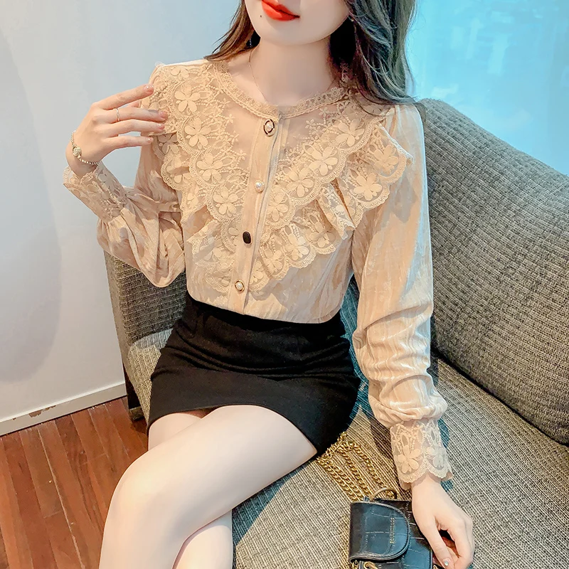 New Korean Fashion Ladies Lace Stitching Shirts Blouses Casual Women Tops Female Woman Button Up Shirt Girl Long Sleeve Blouse 2