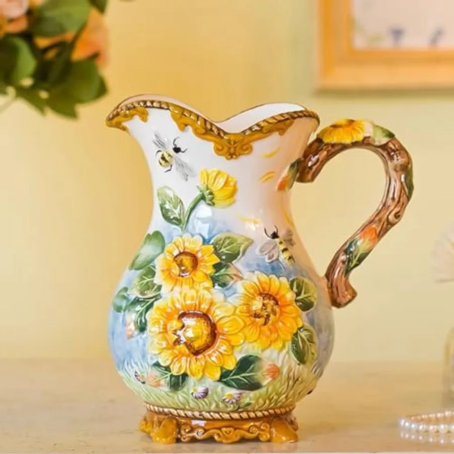 

Large Ceramic Water Pitcher Flower Vase, Hand-Painted Sunflower and Bee Home Decor 8.7H Inches Bouquet Holde Yellow