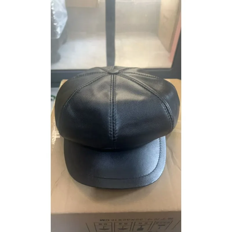 

100% Genuine Leather Newsboy Beret Cap for Men & Women, British Style Flat Peaked Hat Unisex Fashion