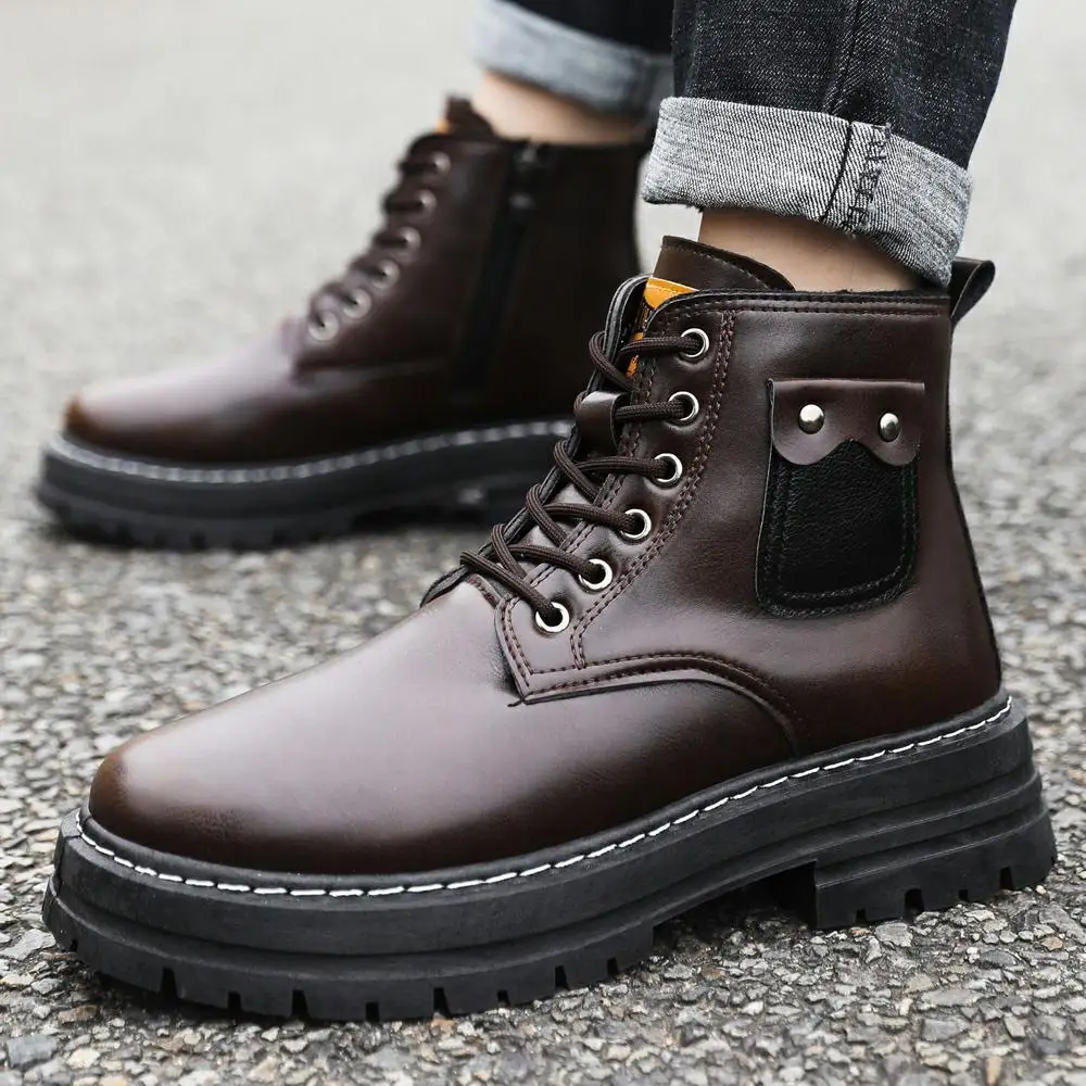 

Зимние теплые водонепроницаемые кожаные ботинки на шнуровке на платформе с высоким вырезом на молнии для мужчин Низкая цена Повседневная мужская обувь по лидер продаж