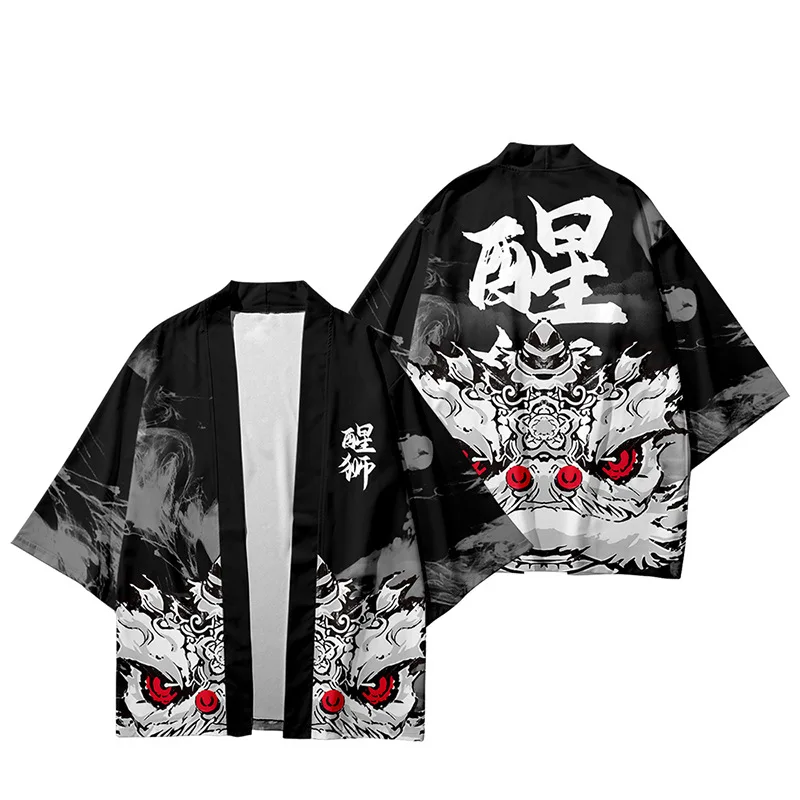 Vintage Lion Dance Print Shirt Traditional Samurai Kimono Women Men Harajuku Haori Japanese Beach Yukata Streetwear Cardigan