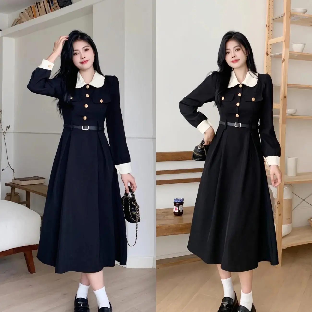 2024 Spring and Autumn New Large Hepburn Dress Mid Length Waist Slim and Elegant Doll Neck Small Black Dress Trendy