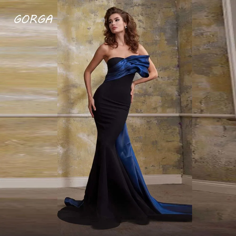 GORGA Black Strapless Mermaid 2024 Slim Crepe Long Ocassion Gown Floor-Length Sweep Train Formal Evening Dress