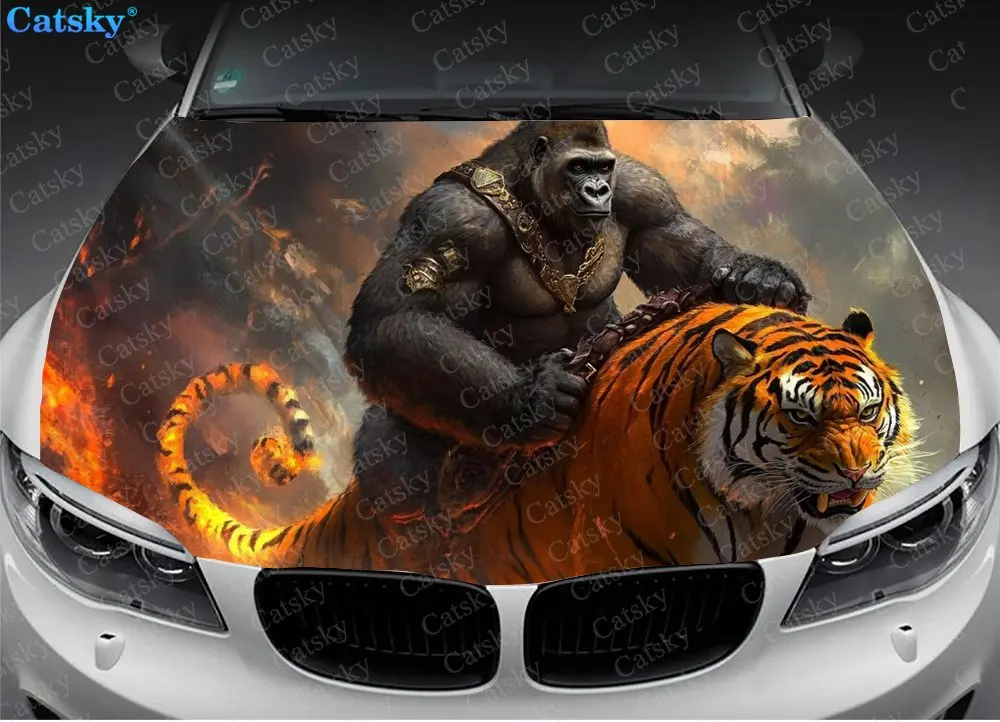 Chimpanzees Riding Tigers Car Hood Vinyl Sticker Wrap Film Engine Cover Decals Universal Auto Accessories Hood Protective Film