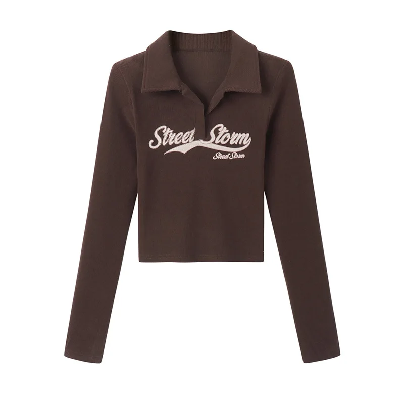 Boweylun-女性のタイトな長袖ポロシャツ、春のシャツ、内側の短いモデル、へそ-gazing、スリムなTシャツ、アメリカ、女の子のためのレトロなトップス