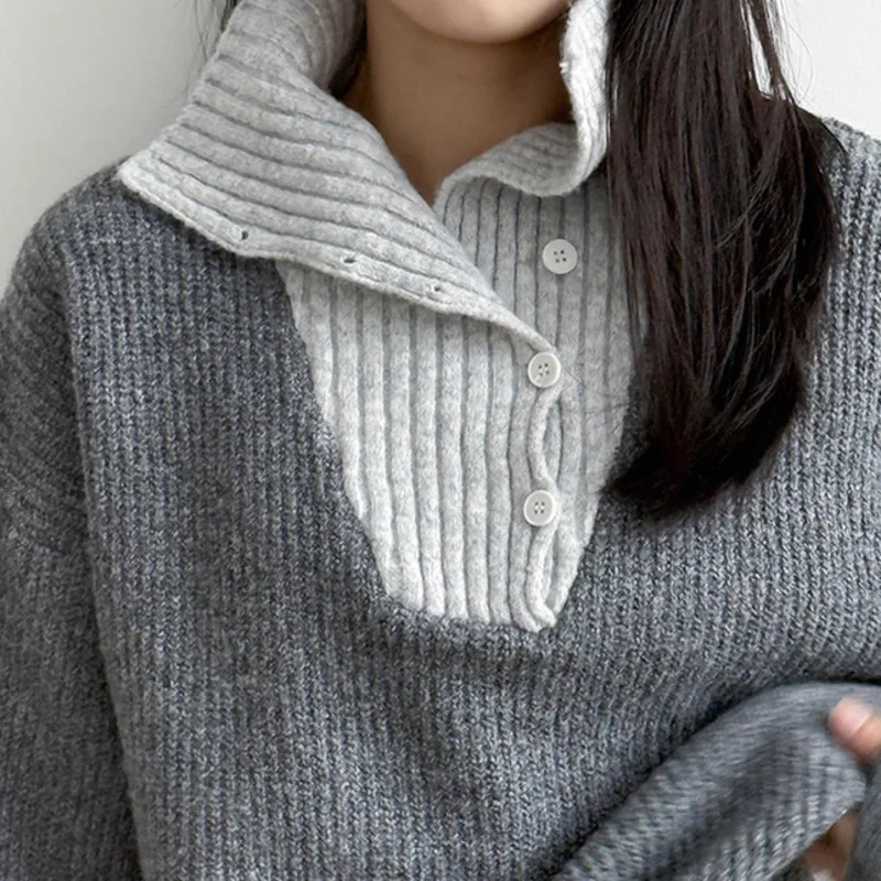 HKSH 2025 خريف شتاء جديد المرأة سترة الوقوف طوق زرر التباين اللون موضة أنيقة Ins عادية محبوك القمم HK15695 #6