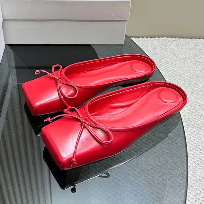Square Toe Mid Heels Half Slippers Women Summer Genuine Leather Bowknot Thin Heels Sandals Outdoor Lazy Mules Vacation Shoes