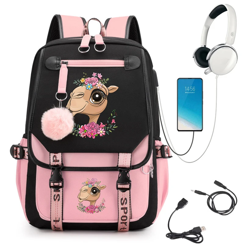 School Bags for Teenager Backpack Camel with Flowers Cartoon Anime Bookbag Children Backpack Back To School Usb Charging Bagpack