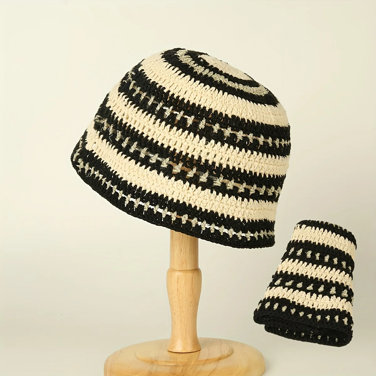 New Spring/Summer Thin Handmade Knitted Fisherman Hat Striped Soft Top Bowl Hat Versatile Sunscreen Outgoing Sun Hat