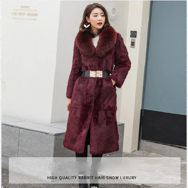 Women Fashion Real Rabbit Furs Coat Mandarin Collar Natural Fur Long Jacket Female Dropshipping Overcoat FE003