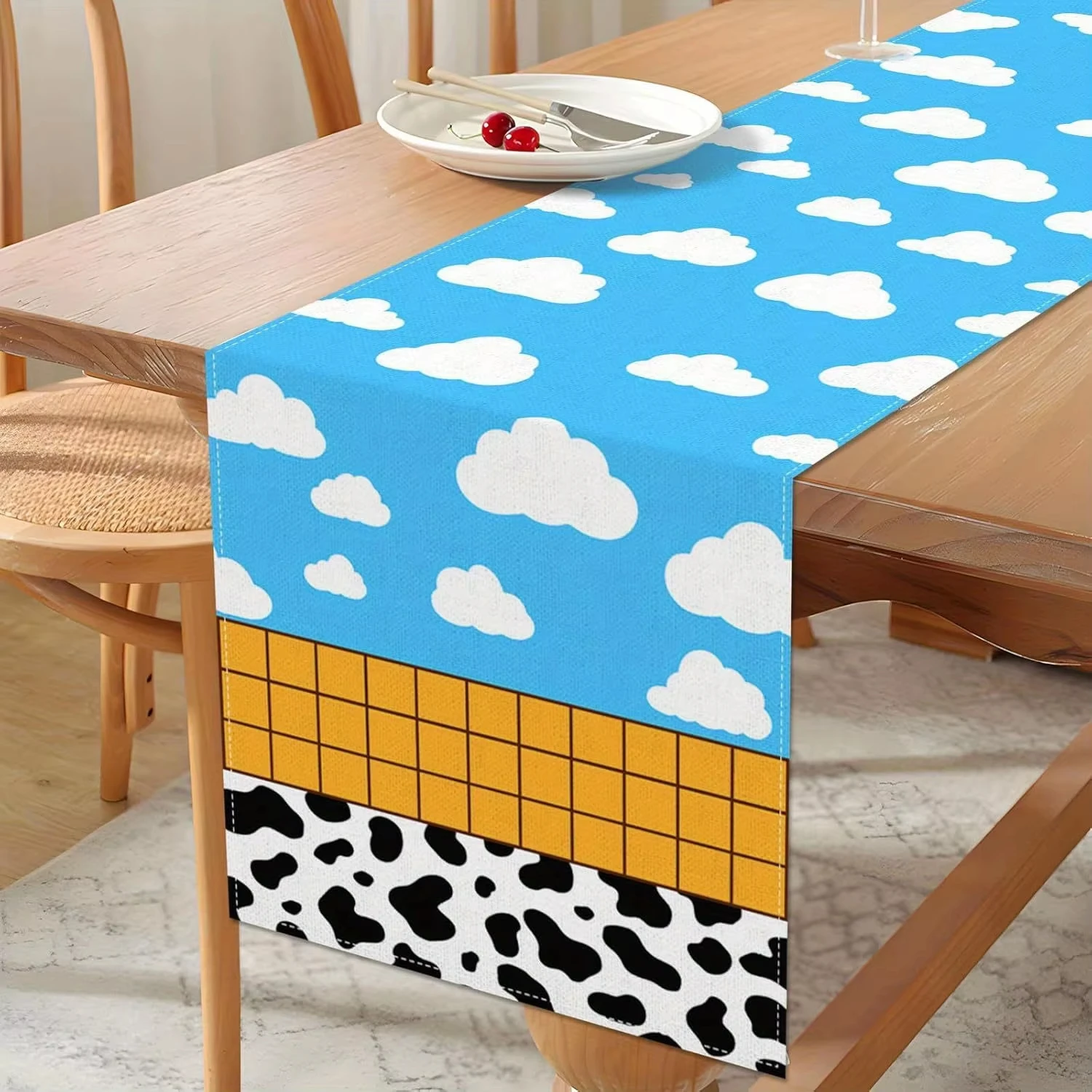 Cartoon Sky Cloud Cow Print Table Runner, Retro Anime Style Linen Texture Table Flag, Waterproof Decorative Table Linen
