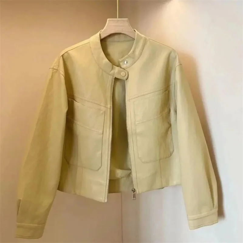 

Women's Jacket New Fashion Cardigan Loose Irregular Round Neck big Pocket Motorcycle Leather Women's Spring Black Short Coat
