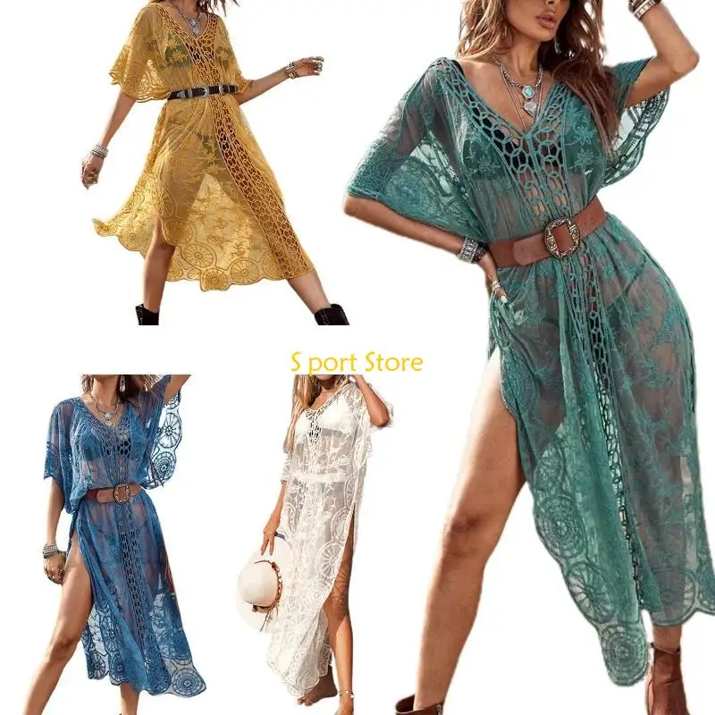 U2JB Simple Casual Loose Dress Crocheted Beach Cover Up Dress Swim Cover Up Caftan