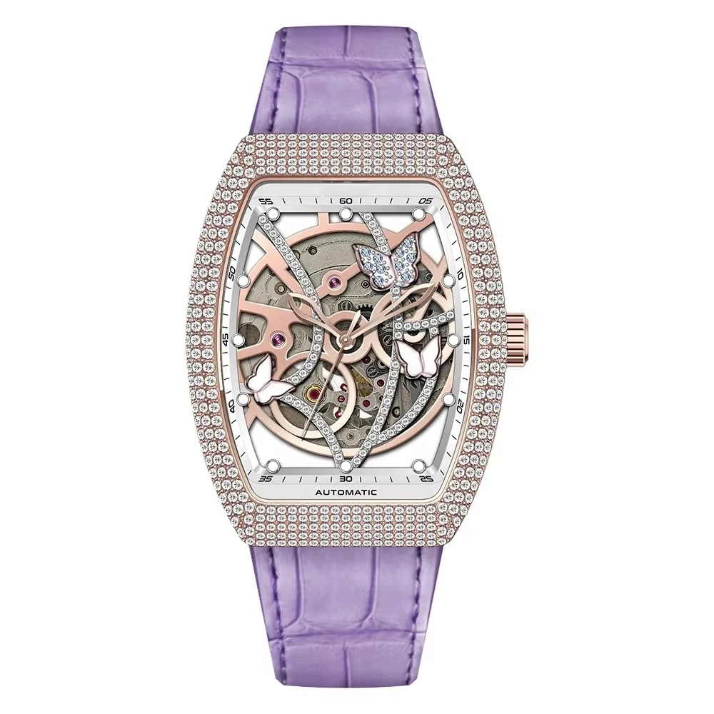 

Leather Strap Stainless Steel Women's Imported Mechanical Movement Premium Square Dial Diamond Watch